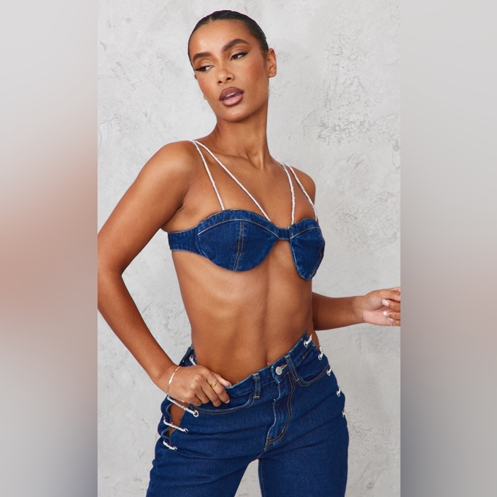 Dark blue wash diamante strap denim bralette